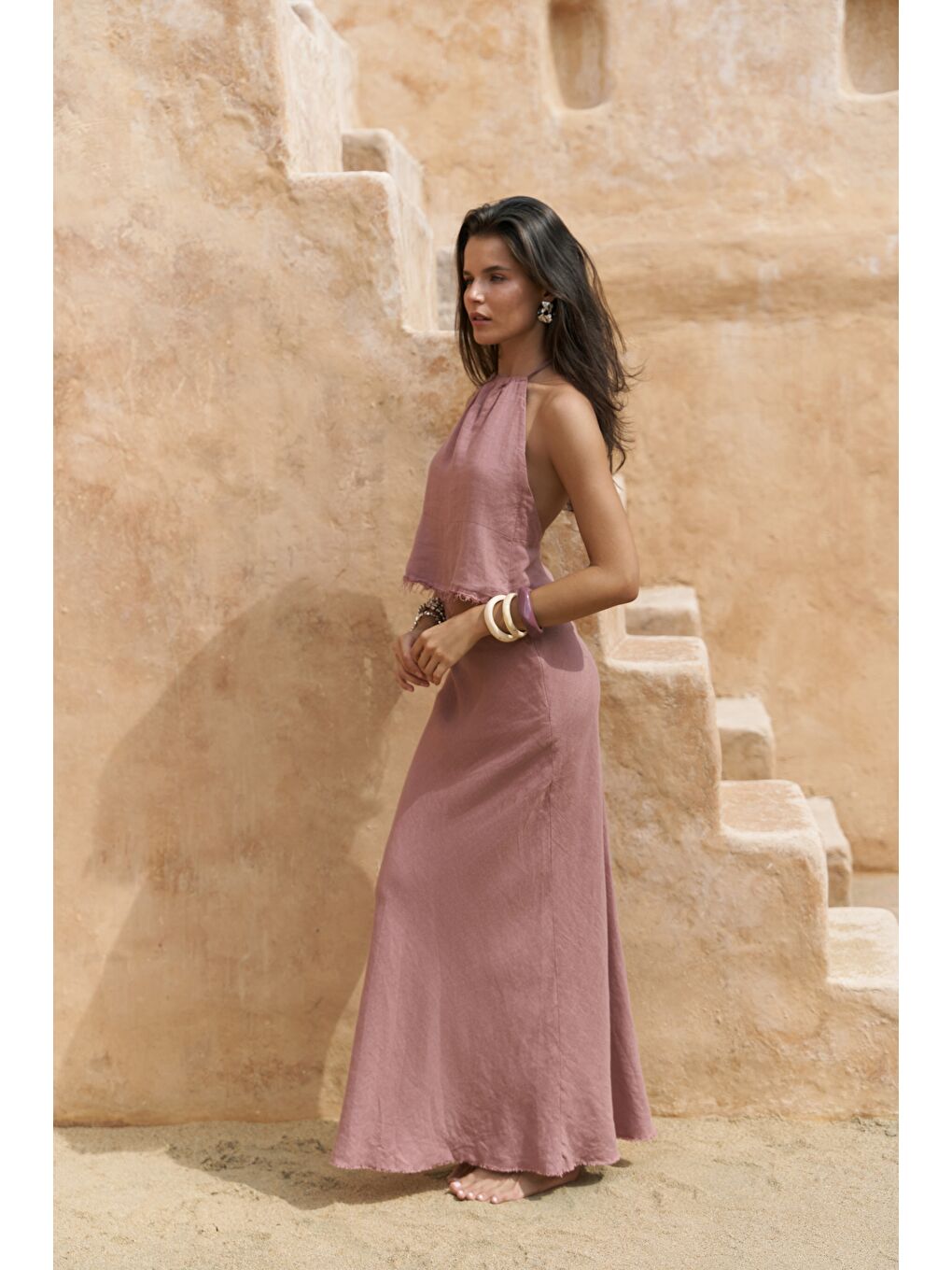 Malmvira Açık Bordo Keten Crop Etek Takım-3