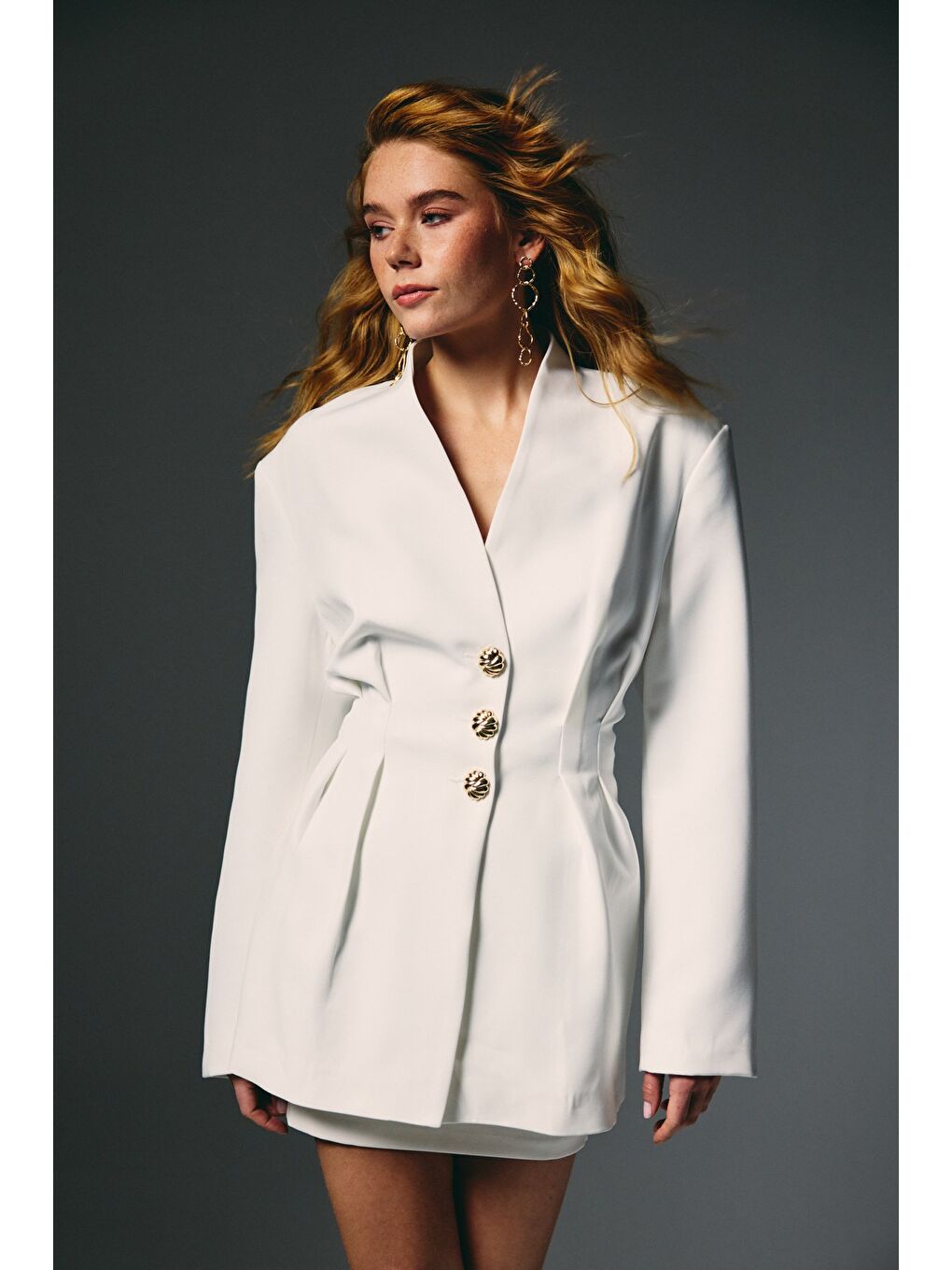 Gold Düğmeli Uzun Ceket - Ekru-4