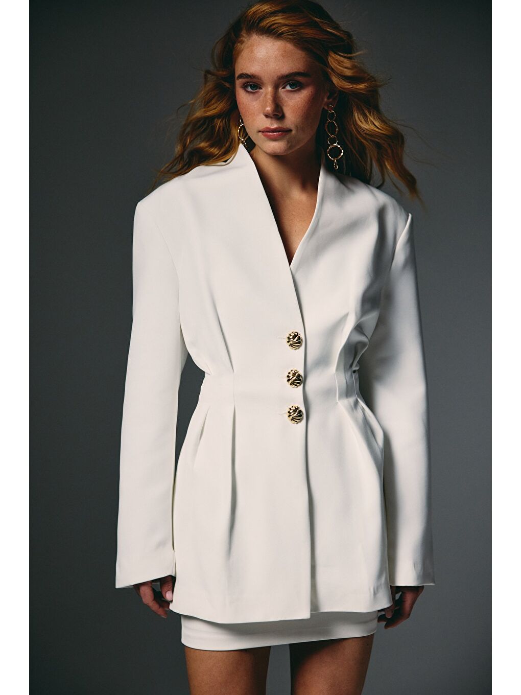Gold Düğmeli Uzun Ceket - Ekru-5