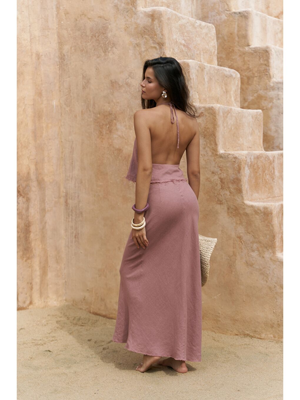 Malmvira Açık Bordo Keten Crop Etek Takım-4