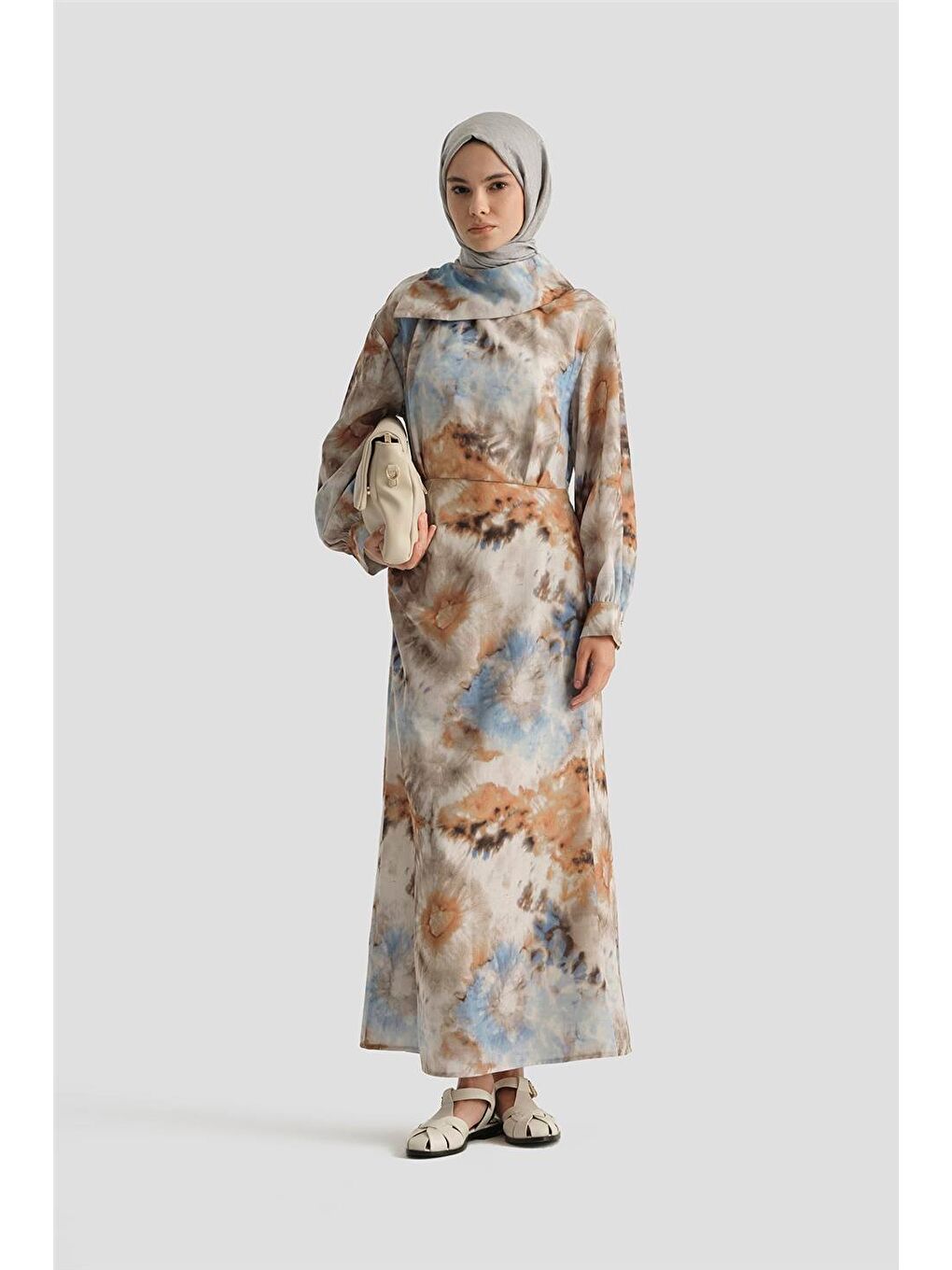 Bej Desenli Elbise 25Yd4017 Mavi