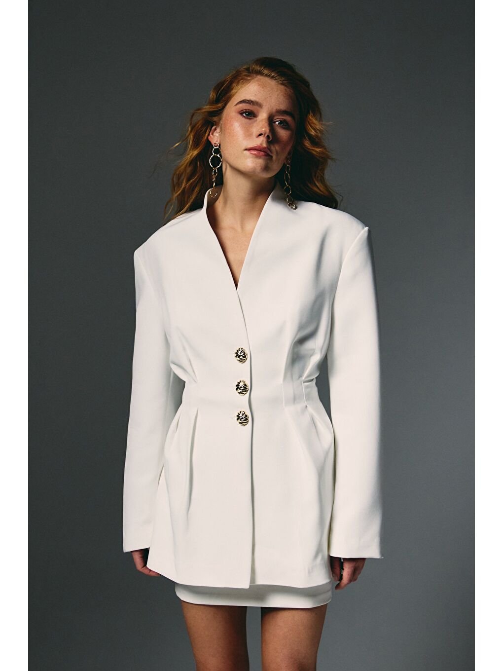 Gold Düğmeli Uzun Ceket - Ekru-6