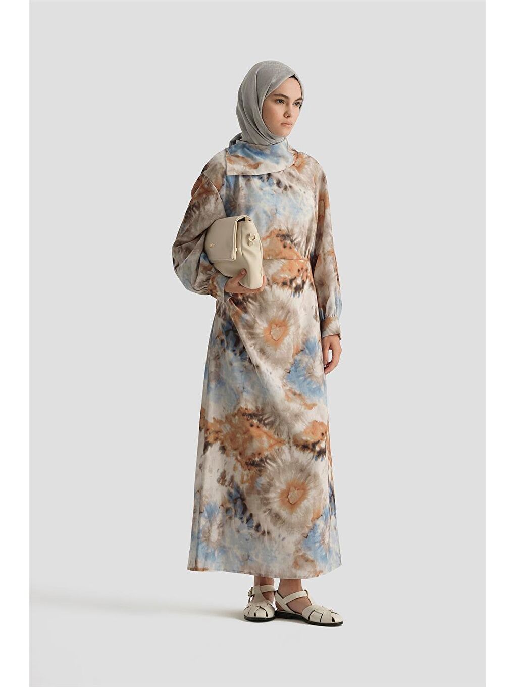 Bej Desenli Elbise 25Yd4017 Mavi-3