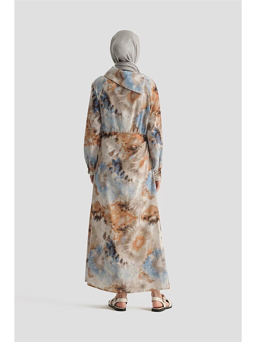 Bej Desenli Elbise 25Yd4017 Mavi-4