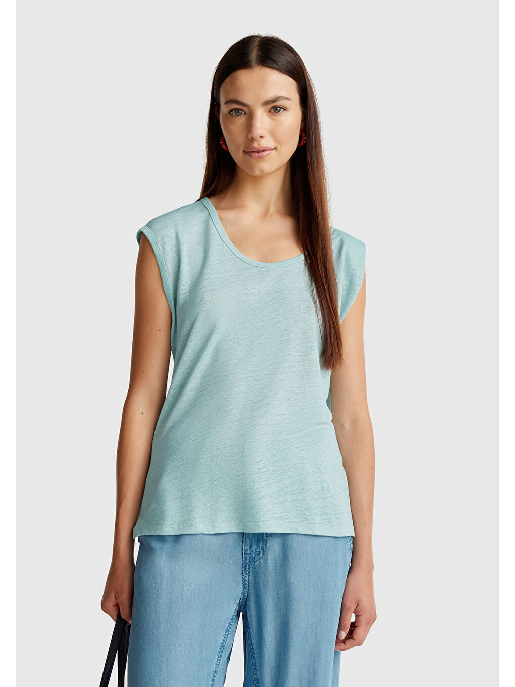 Turkuaz Kadın Su Yeşili %100 Keten Yanları Yırtmaçlı Relax Fit Yuvarlak Yaka T-Shirt