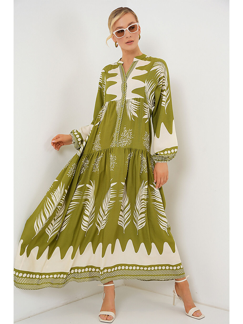 2423 Otantik Desenli Tesettür Elbise - Mint Yeşili-2