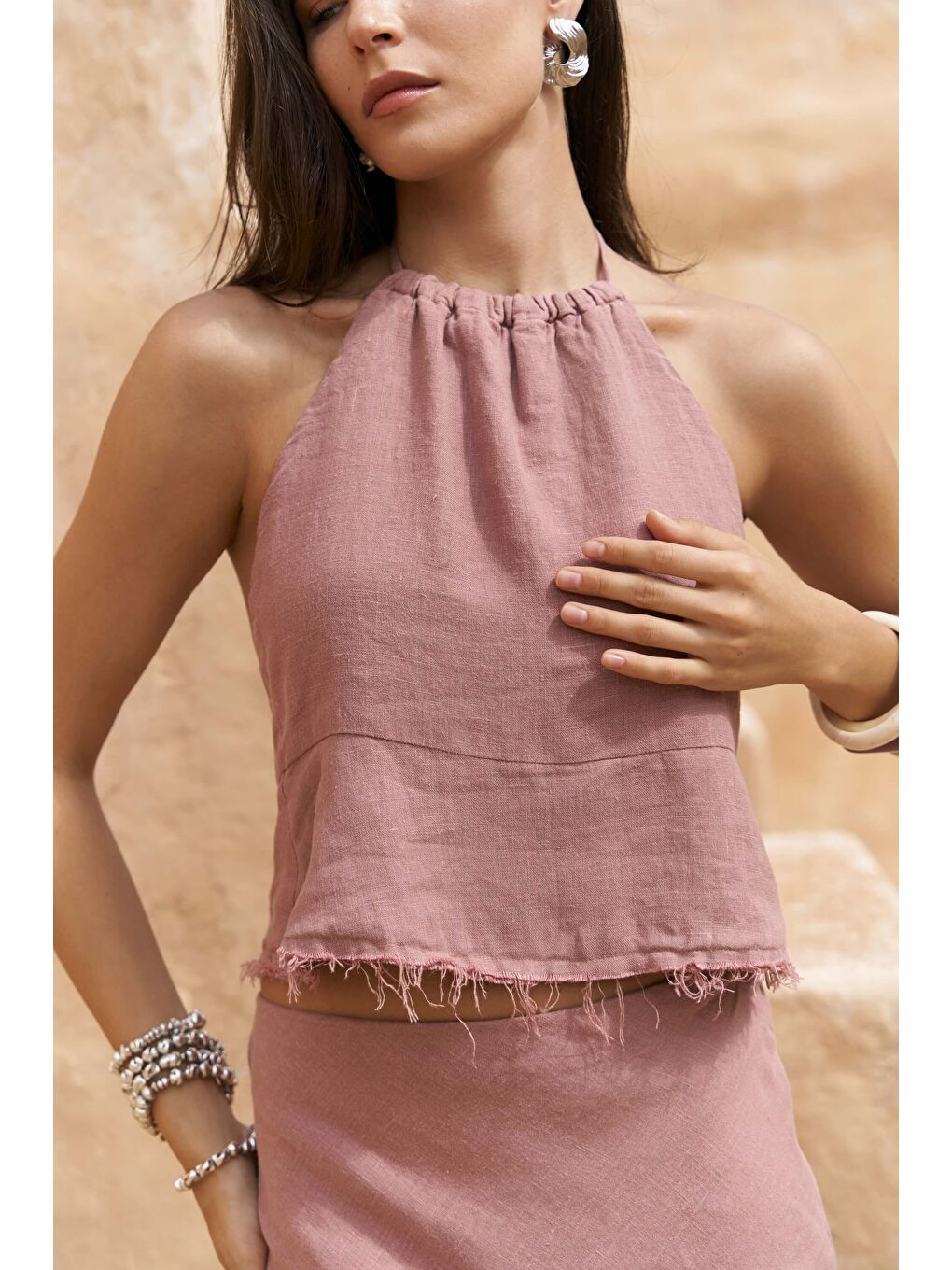 Malmvira Açık Bordo Keten Crop Etek Takım-7