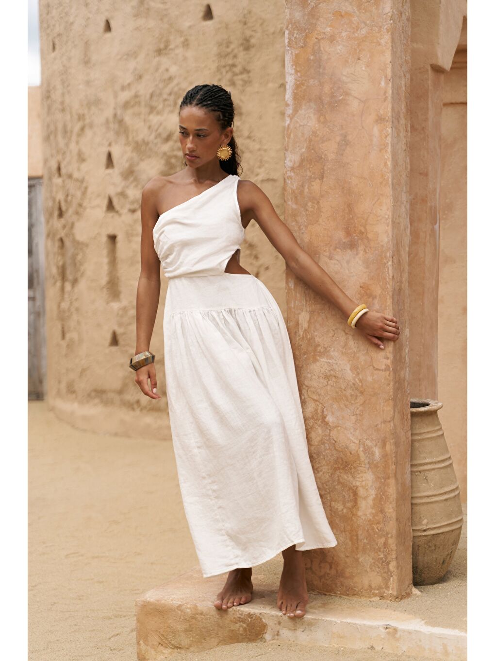 Mharia Asimetrik Detay Beyaz Uzun Keten Elbise-2