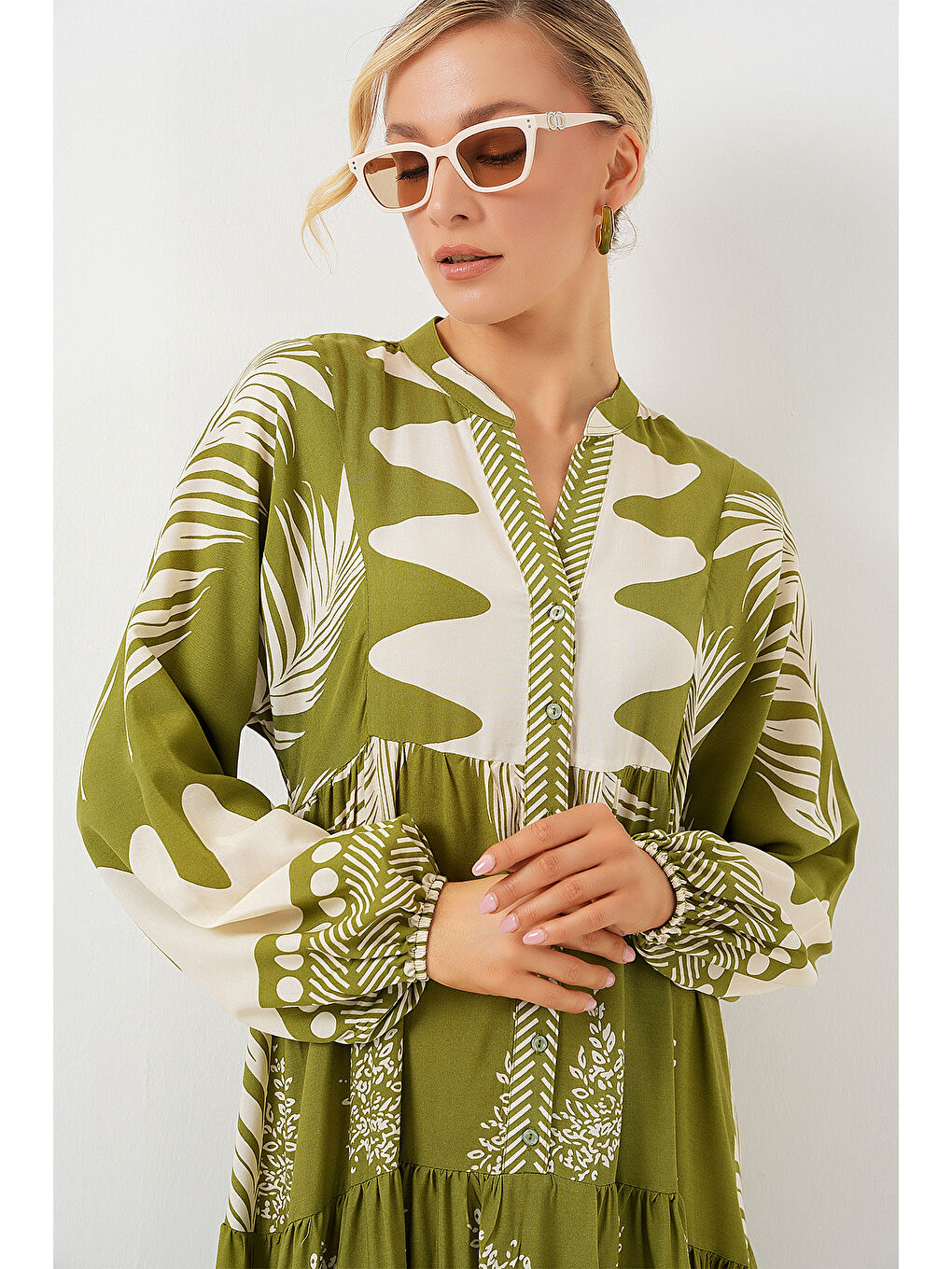 2423 Otantik Desenli Tesettür Elbise - Mint Yeşili-3