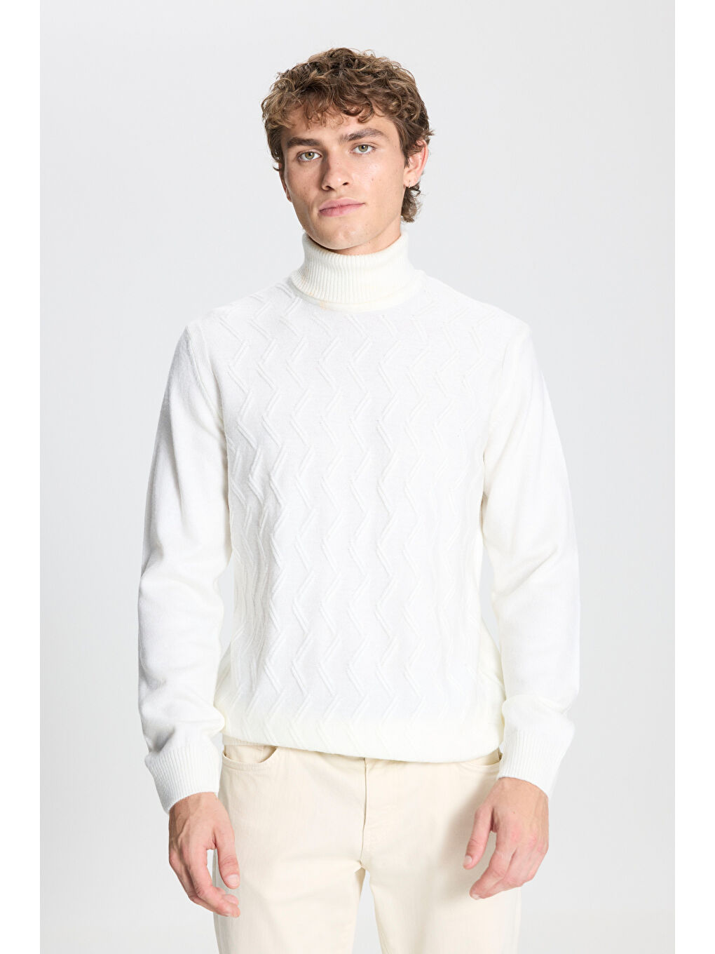 Erkek Ekru Standart Fit Normal Kesim Tam Balıkçı Yaka Jakarlı Triko Kazak-2