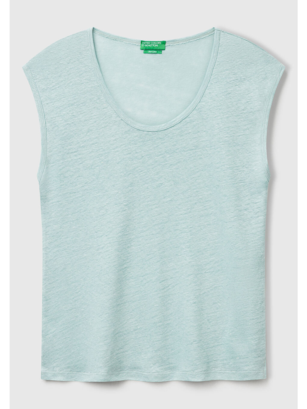 Turkuaz Kadın Su Yeşili %100 Keten Yanları Yırtmaçlı Relax Fit Yuvarlak Yaka T-Shirt-1