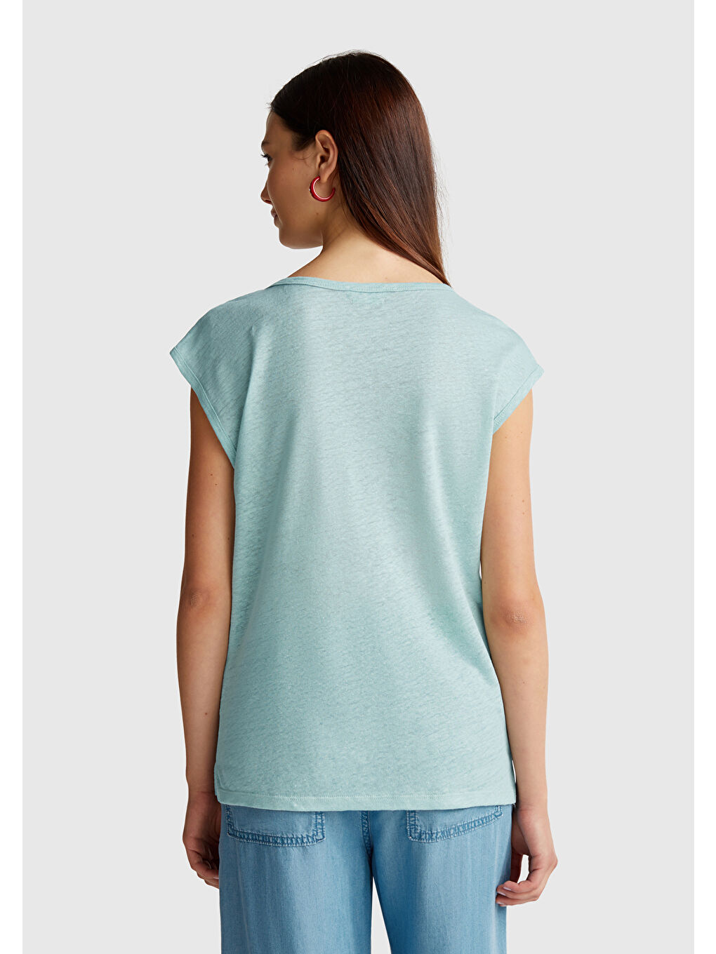 Turkuaz Kadın Su Yeşili %100 Keten Yanları Yırtmaçlı Relax Fit Yuvarlak Yaka T-Shirt-2