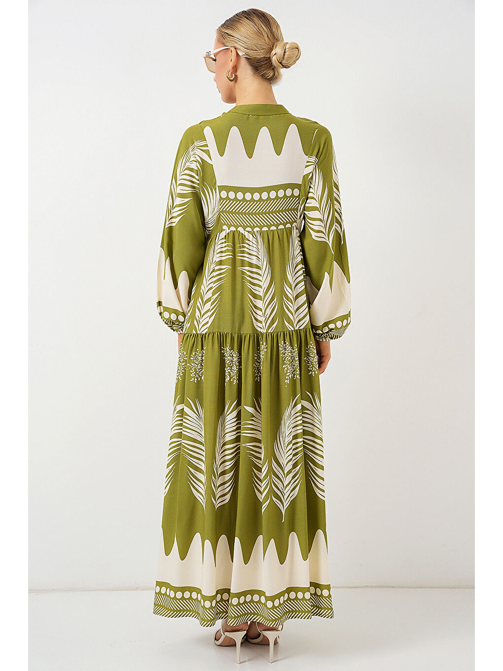 2423 Otantik Desenli Tesettür Elbise - Mint Yeşili-5