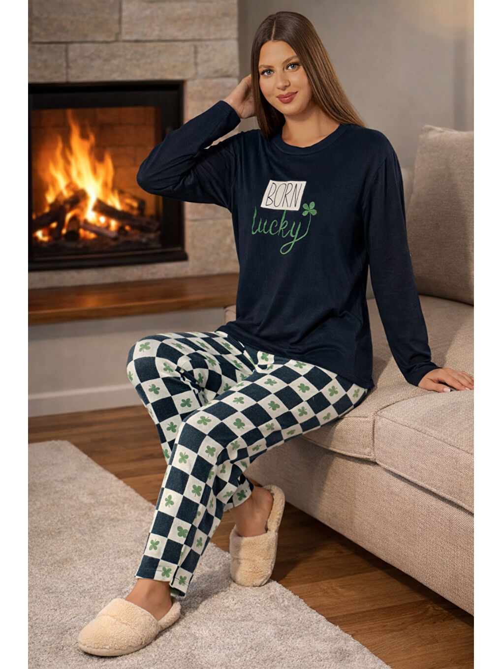 Kadın Termal Uzun Kol Pijama Takımı 4718 Petrol-1