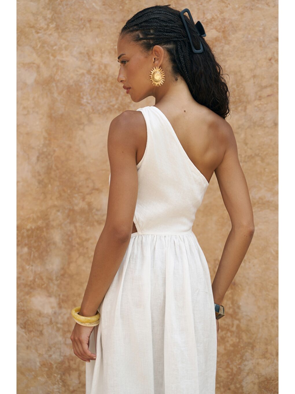 Mharia Asimetrik Detay Beyaz Uzun Keten Elbise-5