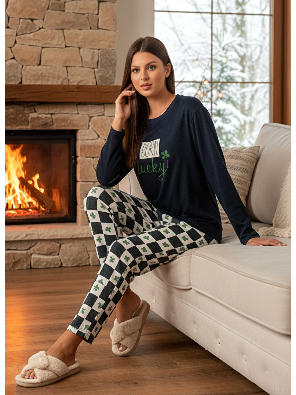 Kadın Termal Uzun Kol Pijama Takımı 4718 Petrol-2