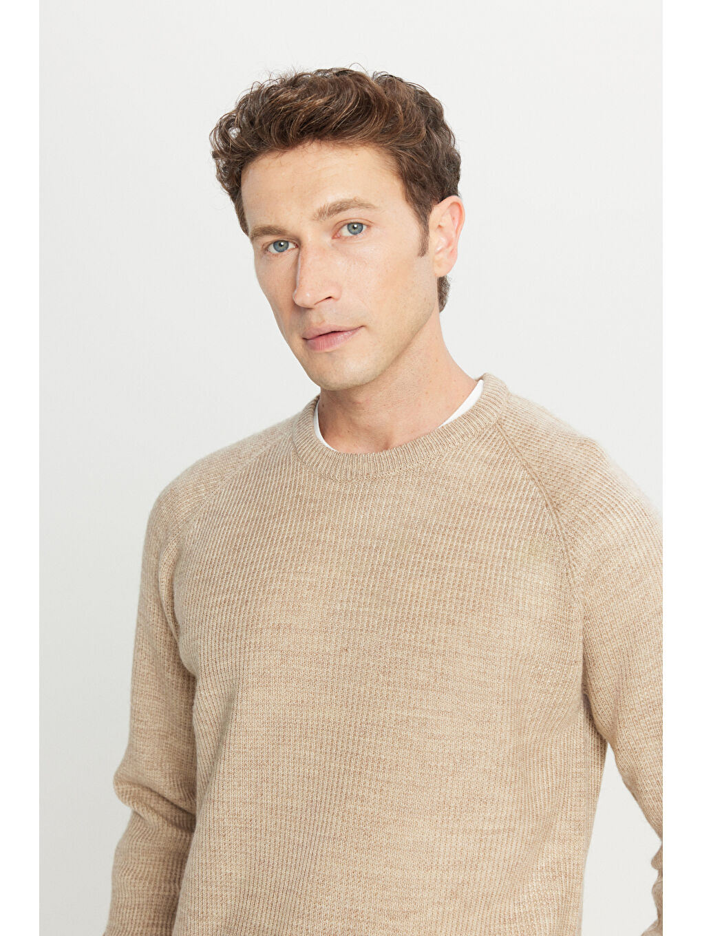 Erkek Bej Standart Fit Normal Kesim Bisiklet Yaka Jakarlı Triko Kazak-3