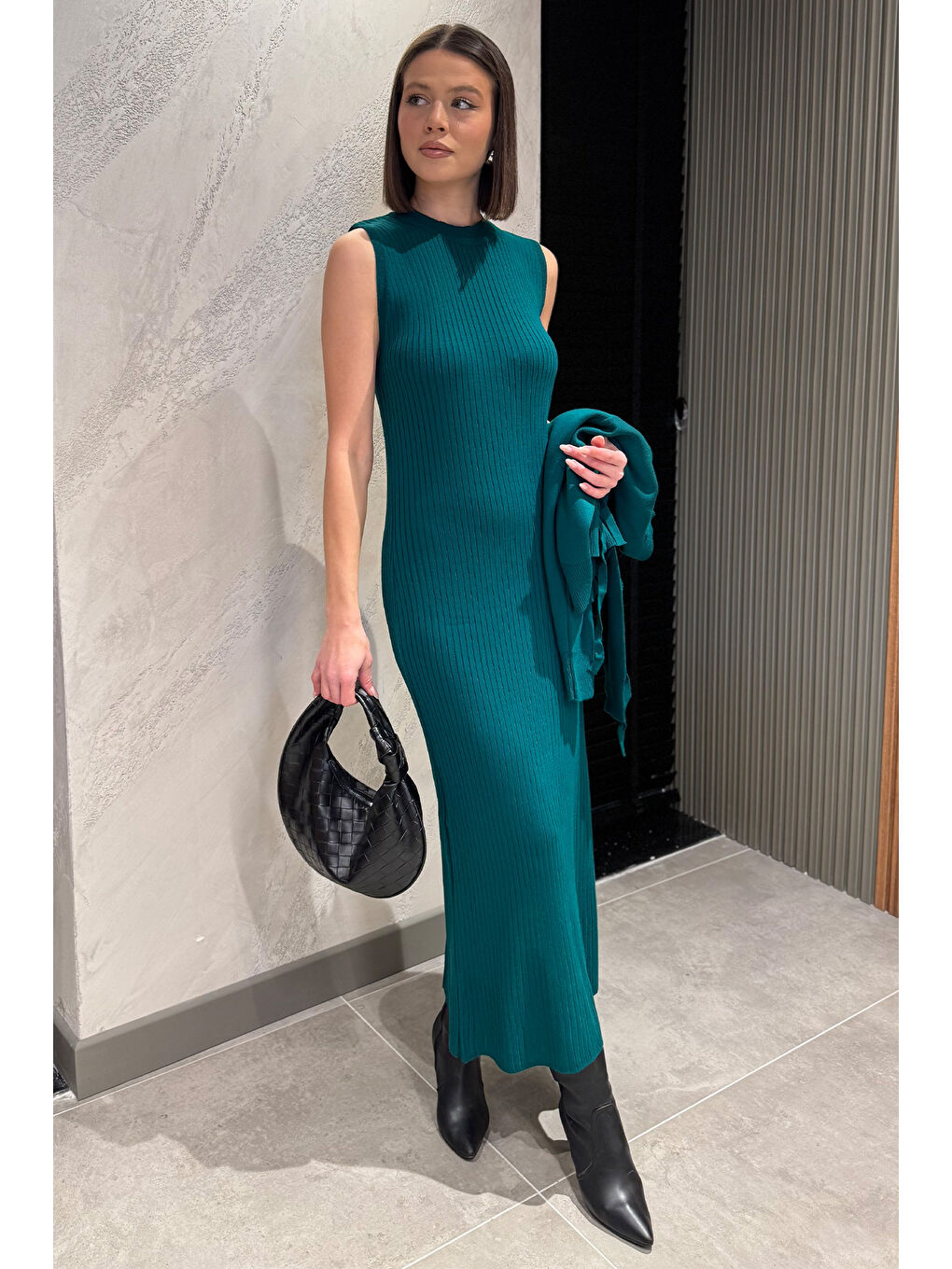 Yeşil Kadın İnci Ve Taş İşlemeli Triko Elbise Hırka İkili Takım