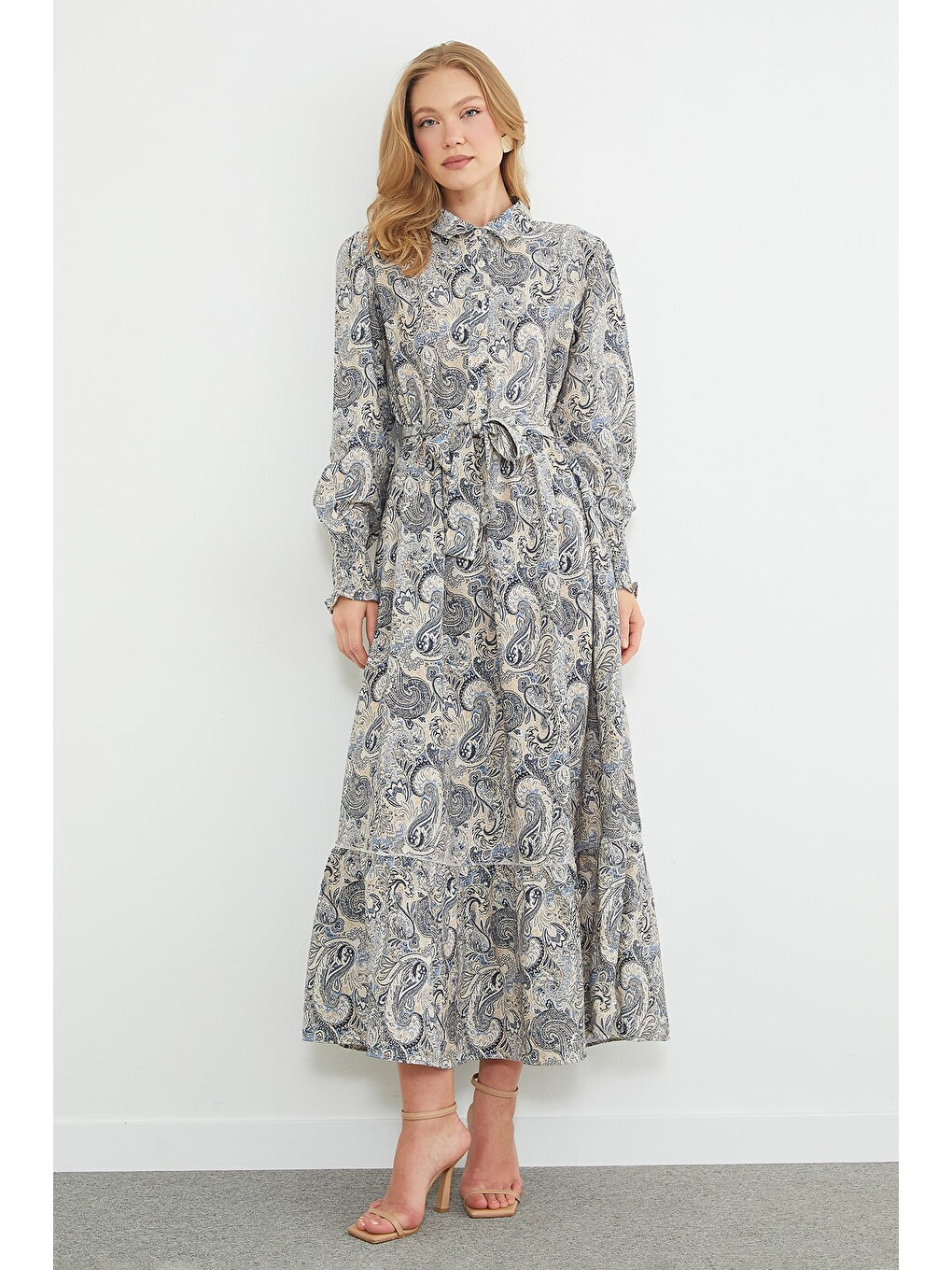 Lacivert Fullamodest Etnik Desenli Kemerli Elbise