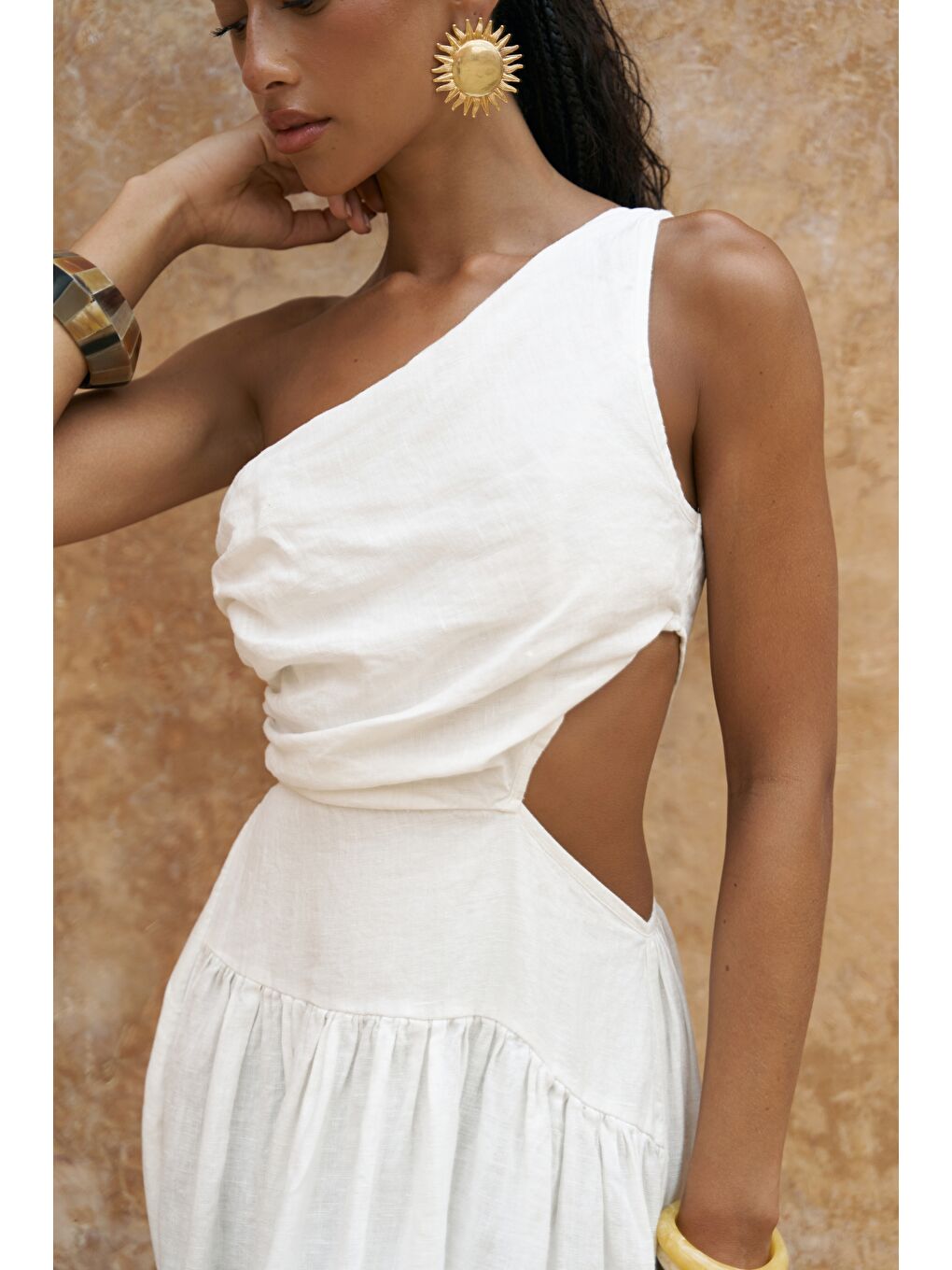 Mharia Asimetrik Detay Beyaz Uzun Keten Elbise-7