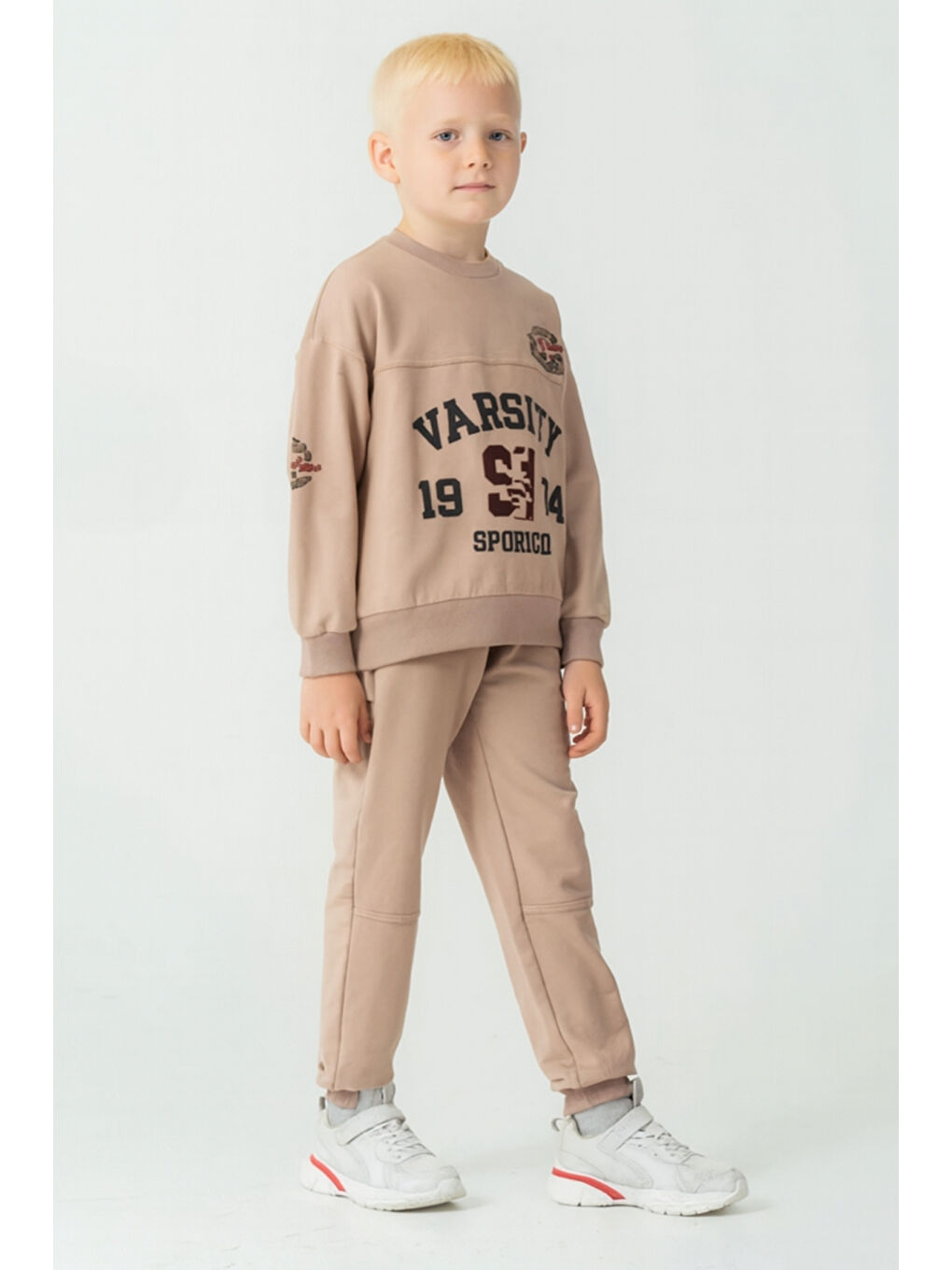 Bej Erkek Çocuk Varsity Baskılı Alt Üst Eşofman Takımı Ak7959-1