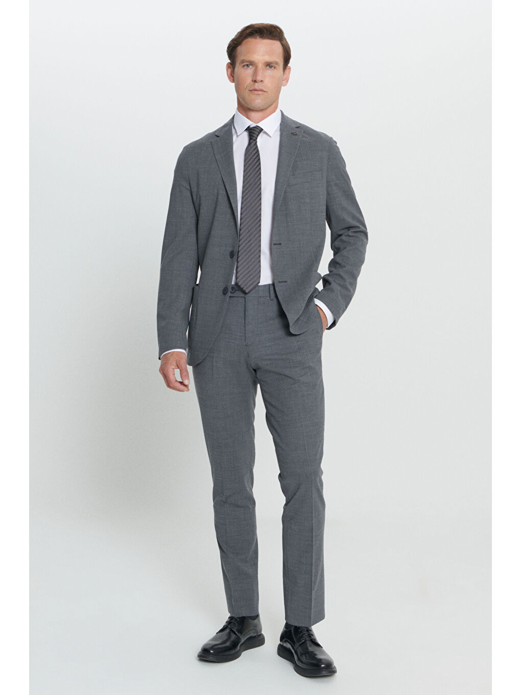 Erkek Gri Slim Fit Dar Kesim Mono Yaka Yünlü Takım Elbise-1