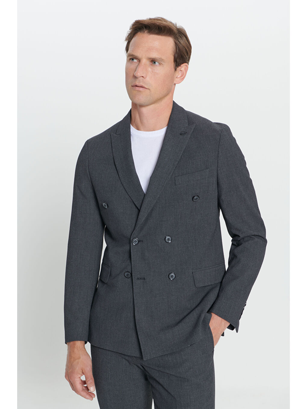 Erkek Antrasit Slim Fit Kırlangıç Yaka Gofre Desenli Kruvaze Takım Elbise