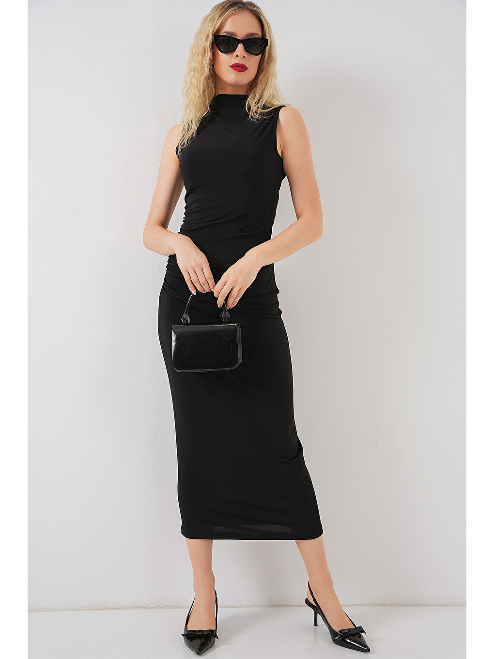 Kadın Büzgülü Sıfır Kol Drapeli Elbise 2579 - Siyah-3