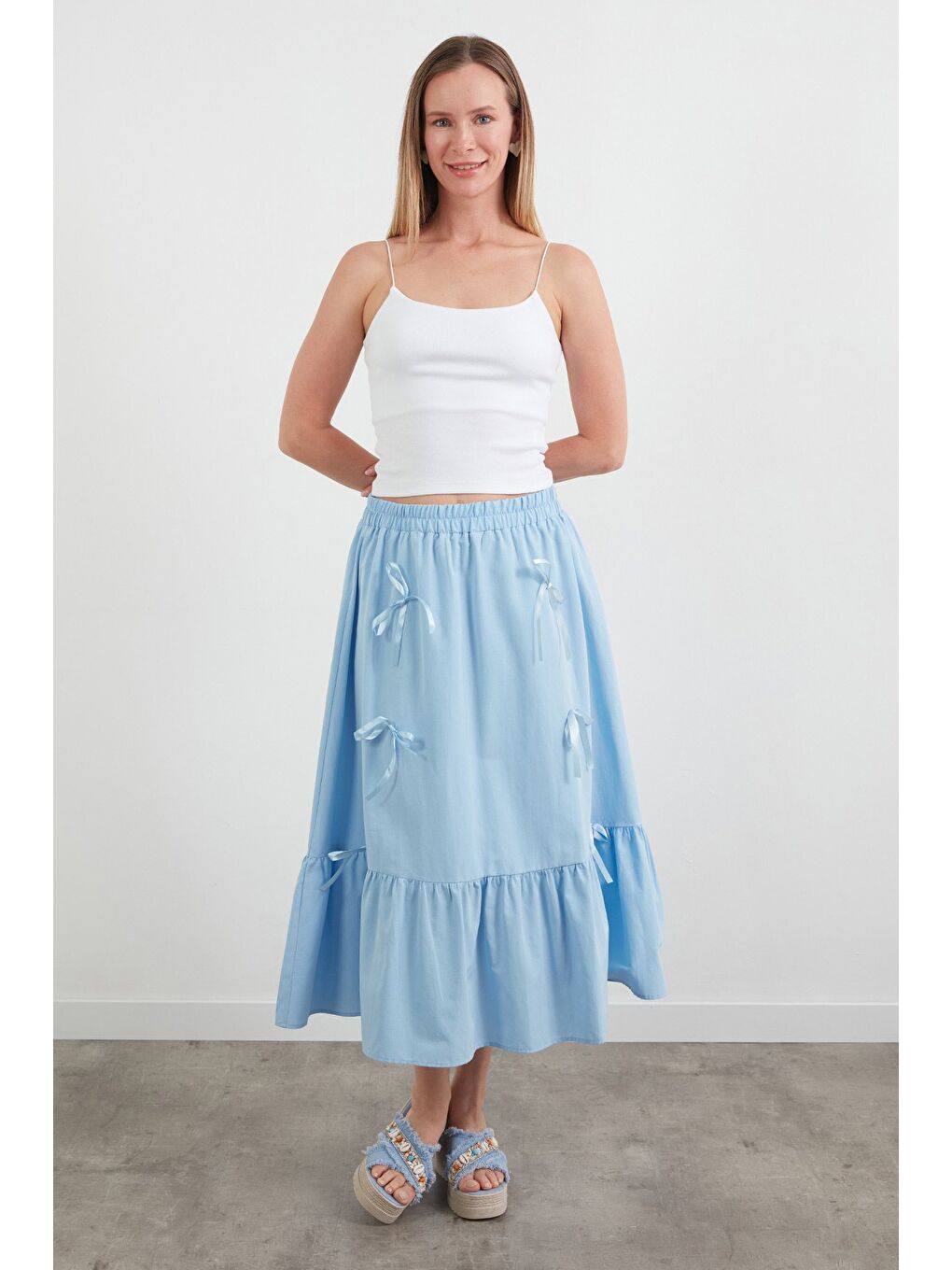 Mavi Beli Lastikli Kurdeleli Etek