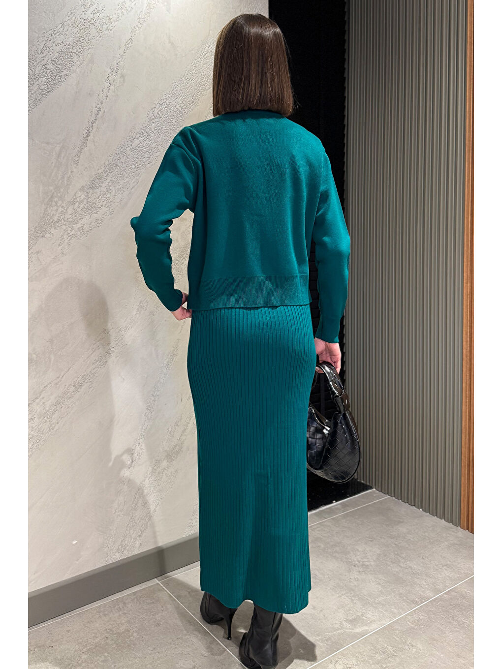 Yeşil Kadın İnci Ve Taş İşlemeli Triko Elbise Hırka İkili Takım-3