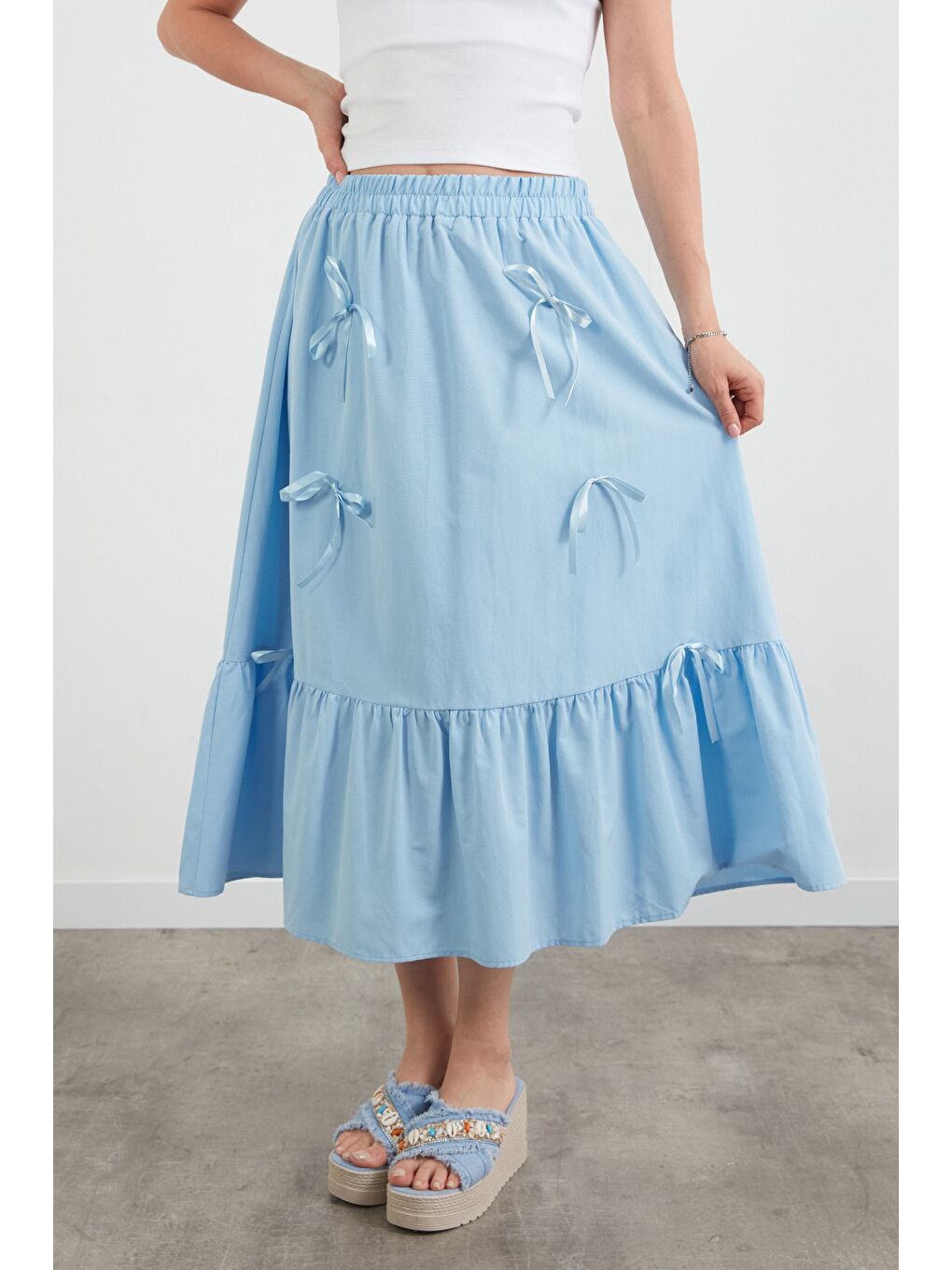 Mavi Beli Lastikli Kurdeleli Etek-1