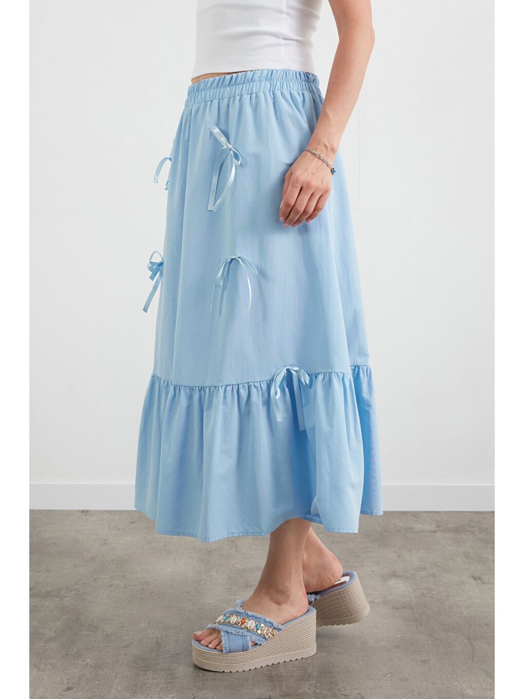 Mavi Beli Lastikli Kurdeleli Etek-2
