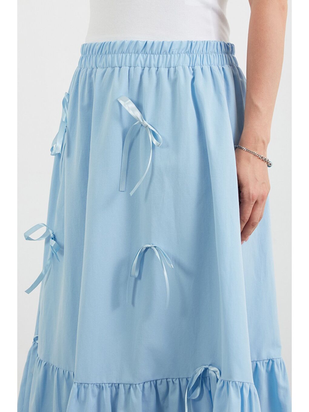 Mavi Beli Lastikli Kurdeleli Etek-4