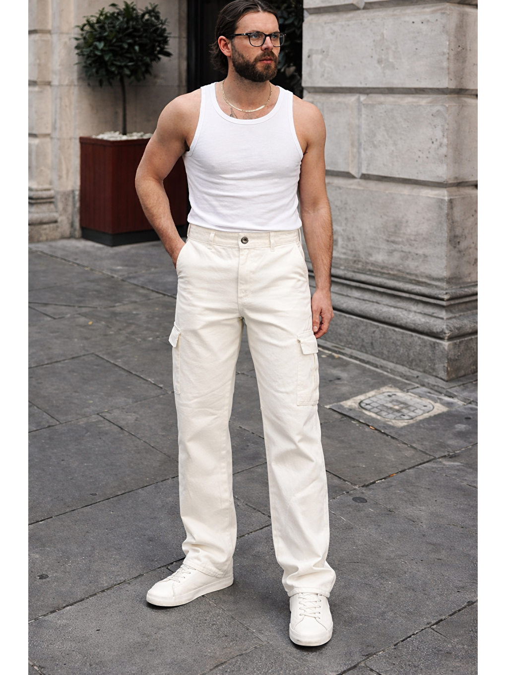 Erkek Günlük Kargo Cep Beyaz Baggy Pantolon