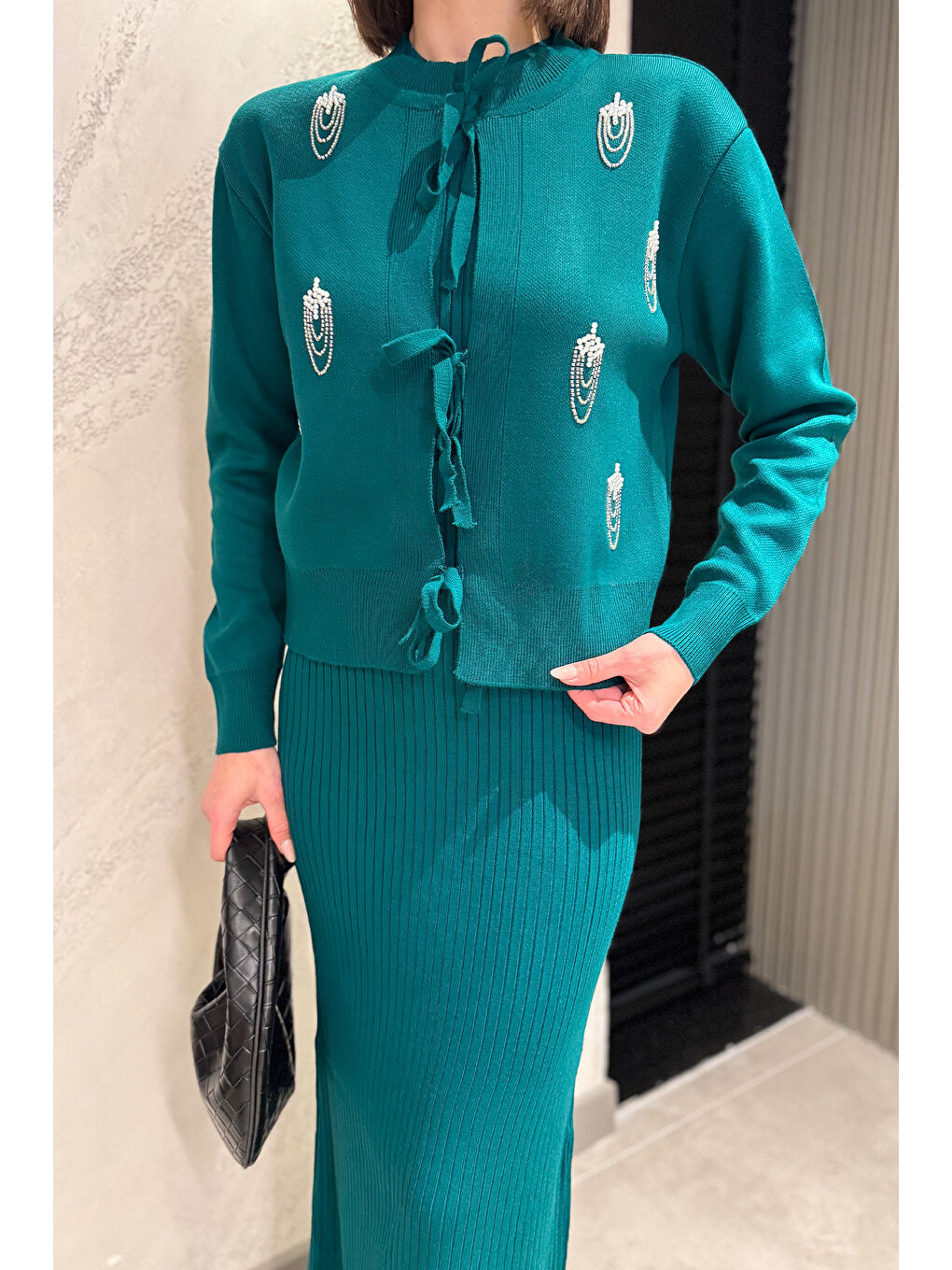 Yeşil Kadın İnci Ve Taş İşlemeli Triko Elbise Hırka İkili Takım-4