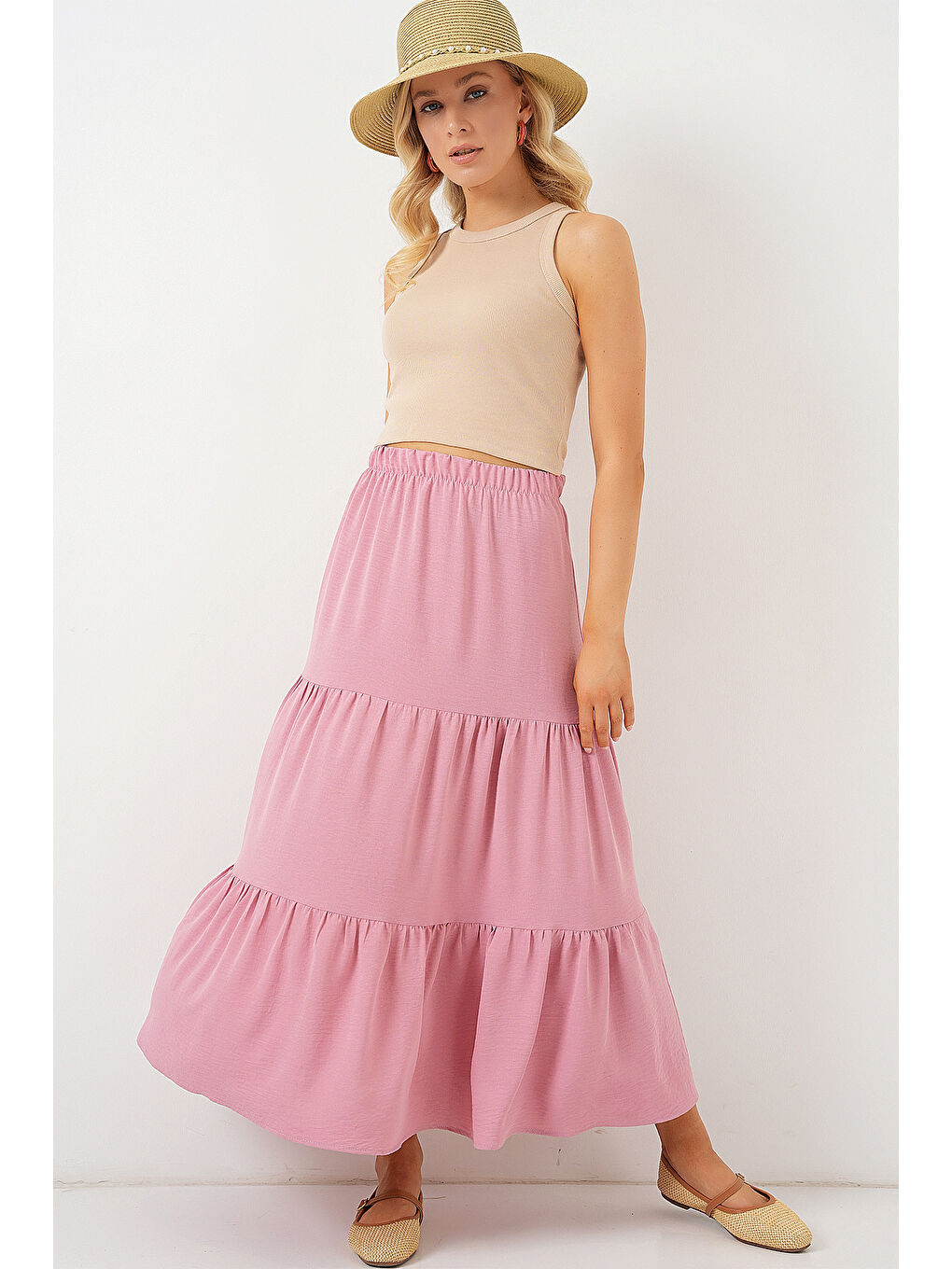 Pembe Kadın Ayrobin Uzun Etek 8048 - Pudra