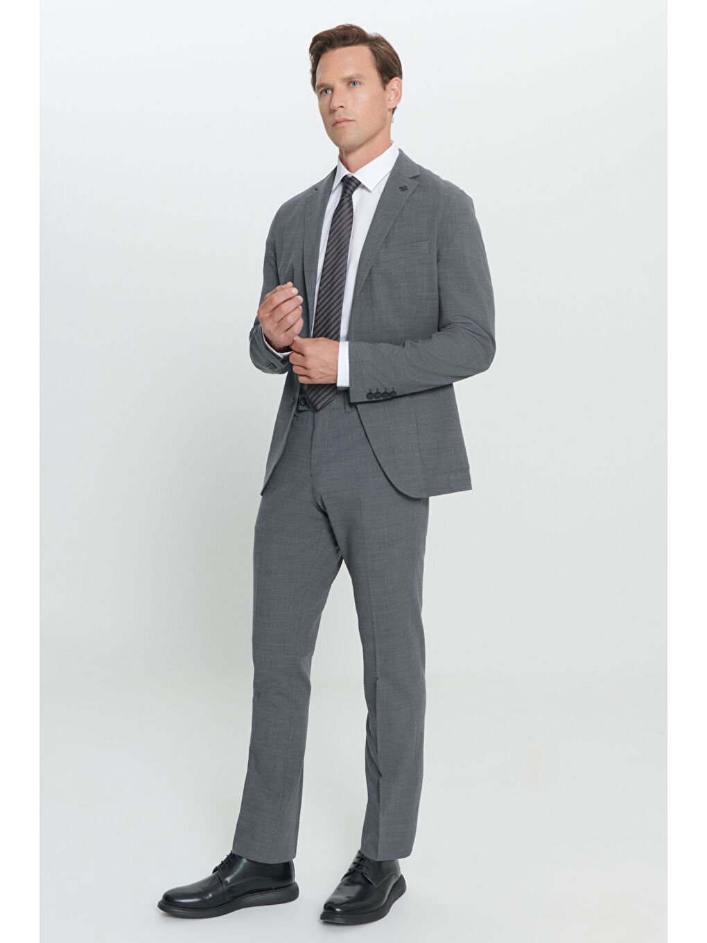 Erkek Gri Slim Fit Dar Kesim Mono Yaka Yünlü Takım Elbise-3