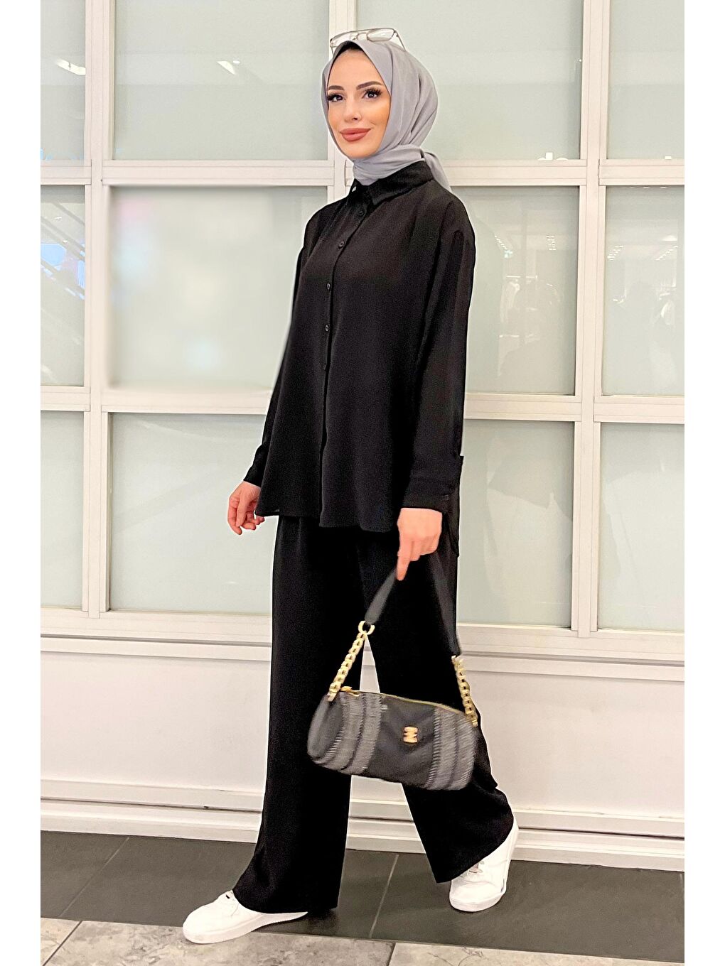 Gömlek Yaka Kadın Siyah Tunik+Pantolon - 11339