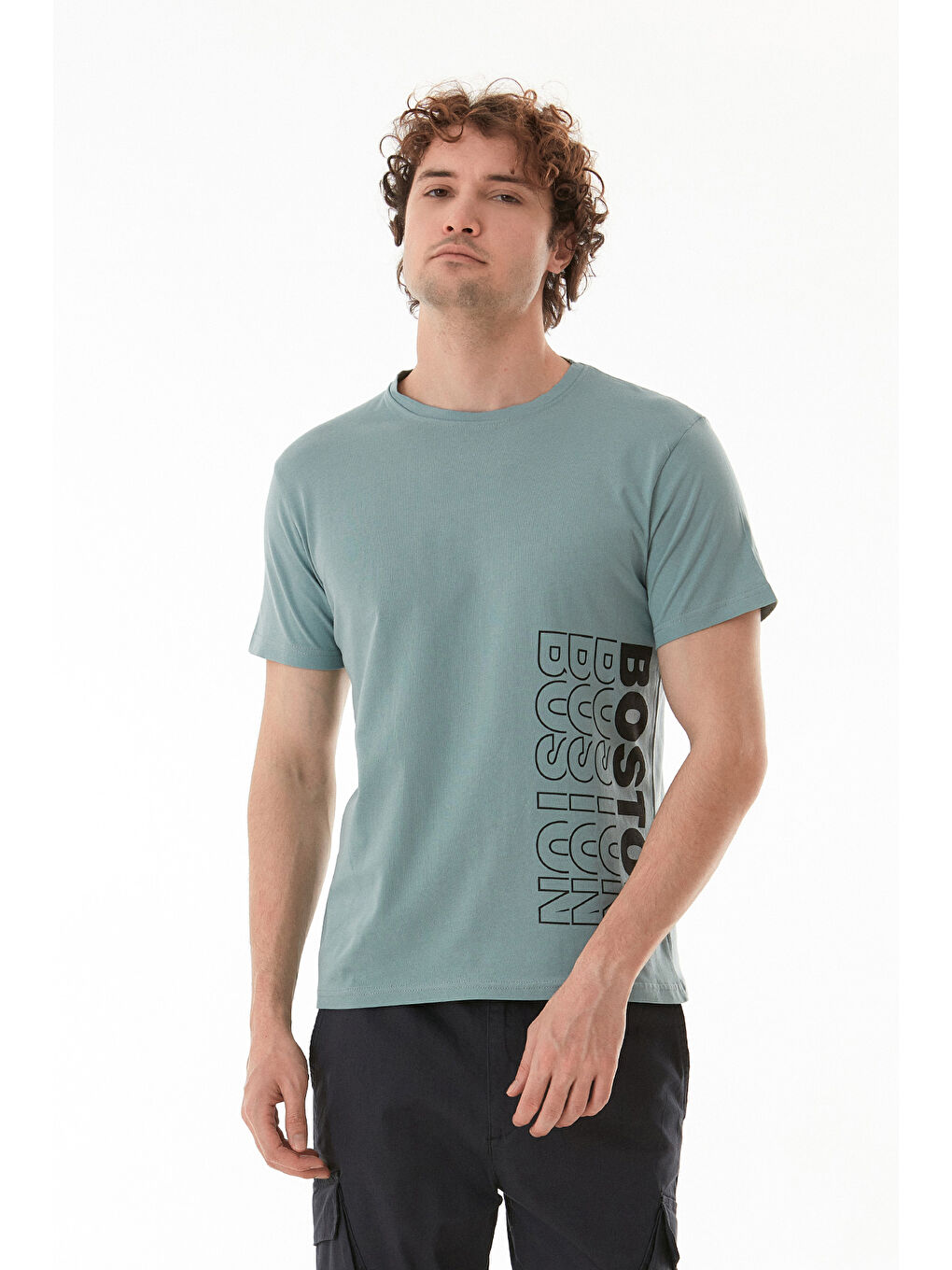 Yeşil Boston Yazı Baskılı Bisiklet Yaka Tişört