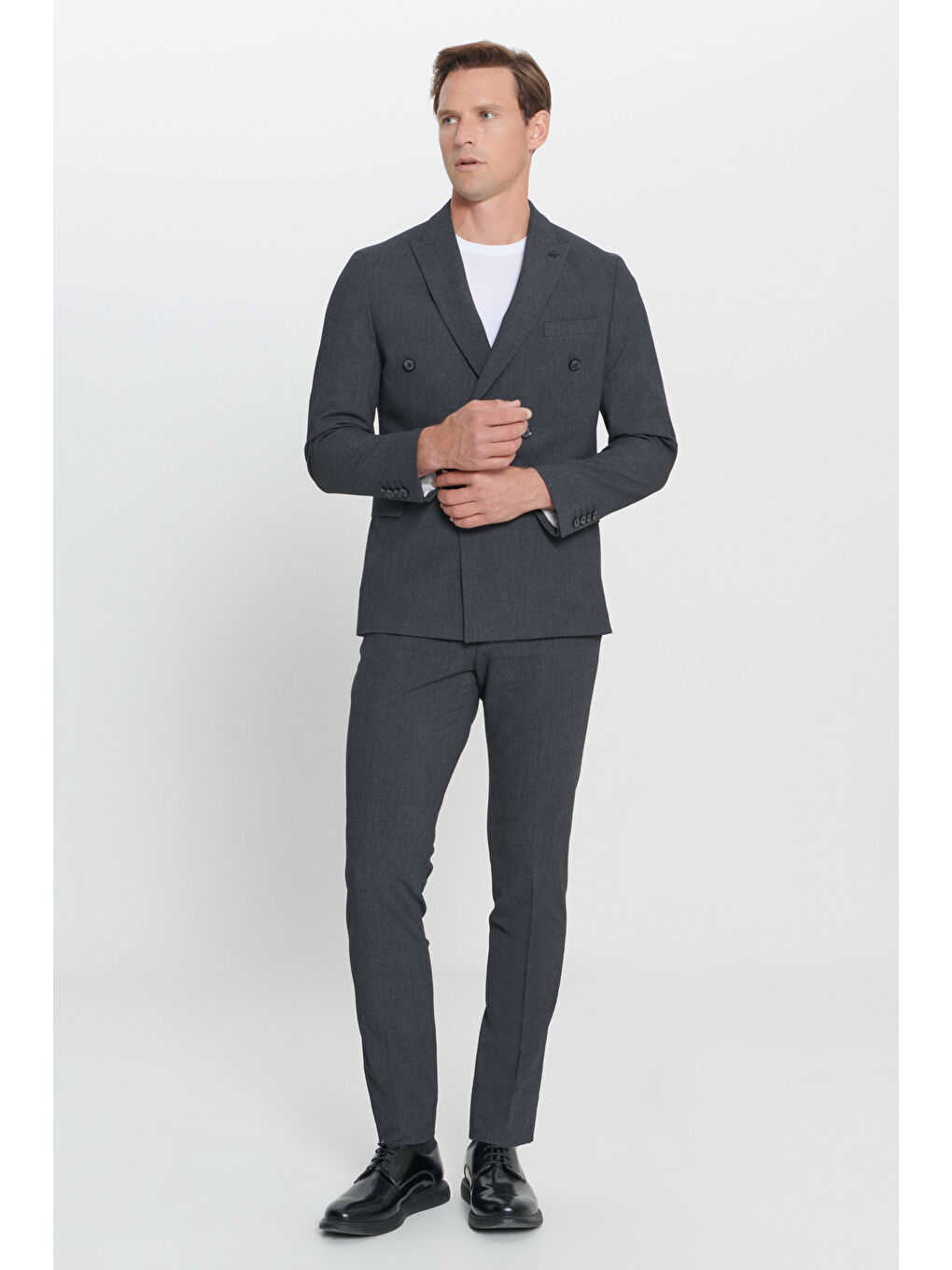 Erkek Antrasit Slim Fit Kırlangıç Yaka Gofre Desenli Kruvaze Takım Elbise-1