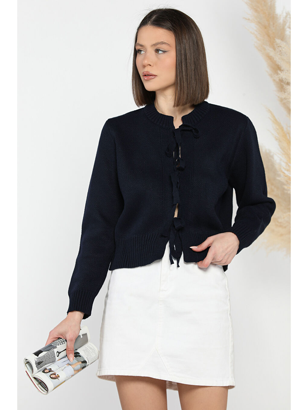 Lacivert Kadın Ön Bağlamalı Triko Ceket