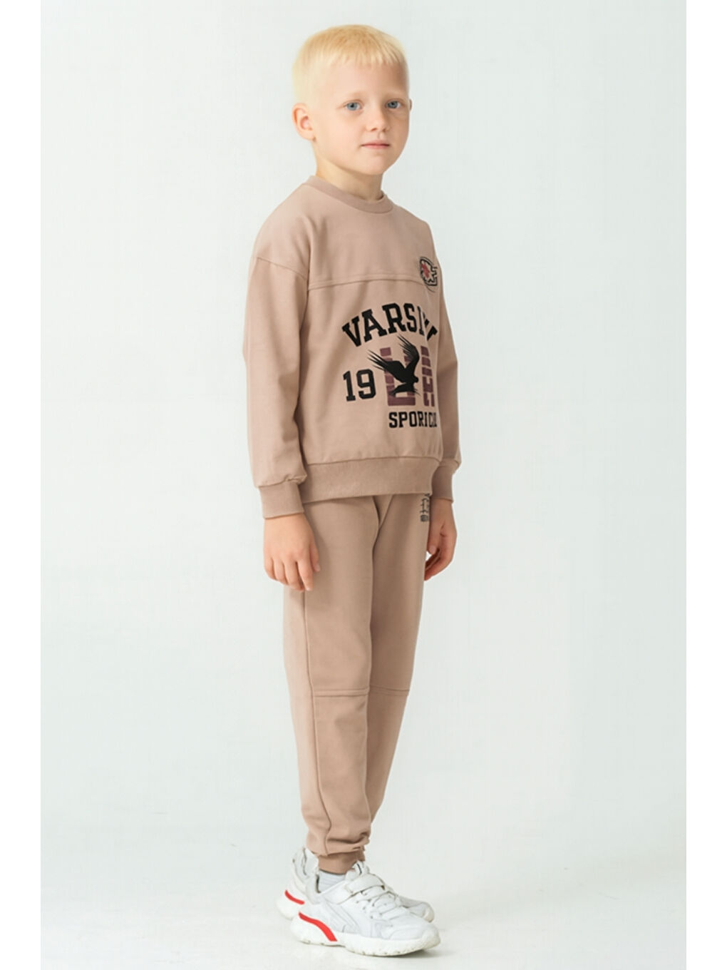 Bej Erkek Çocuk Varsity Baskılı Alt Üst Eşofman Takımı Ak7959-2