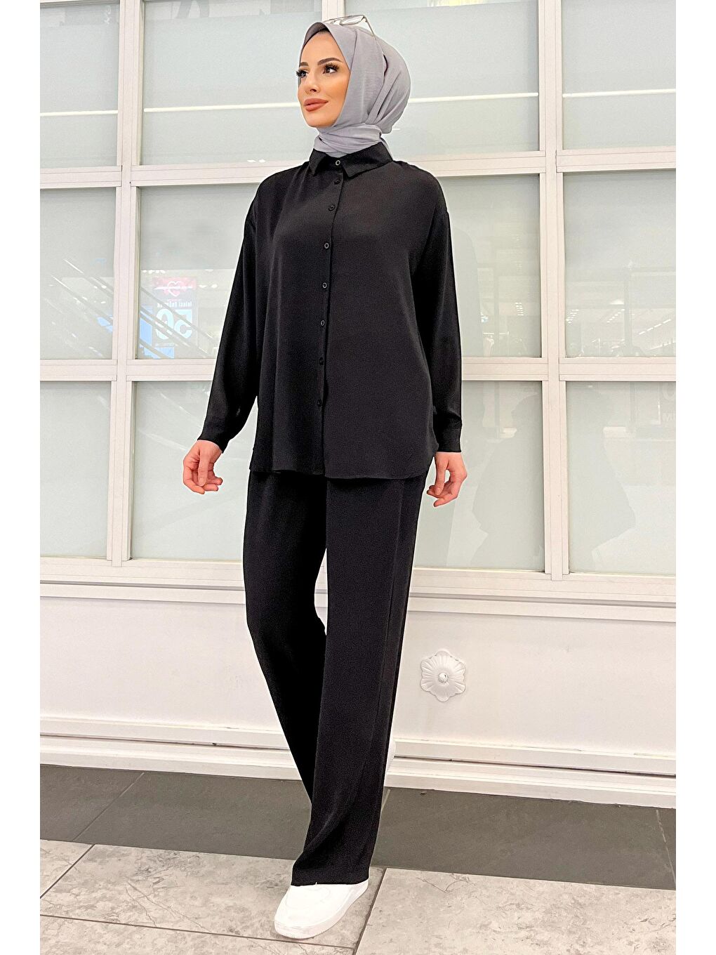Gömlek Yaka Kadın Siyah Tunik+Pantolon - 11339-1