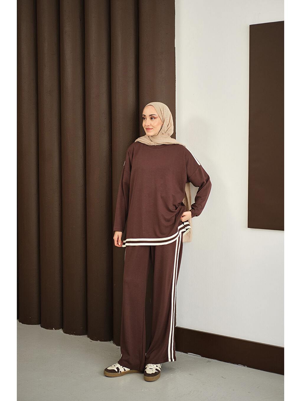 Kadın Şeritli İkili Takım Kahverengi-1