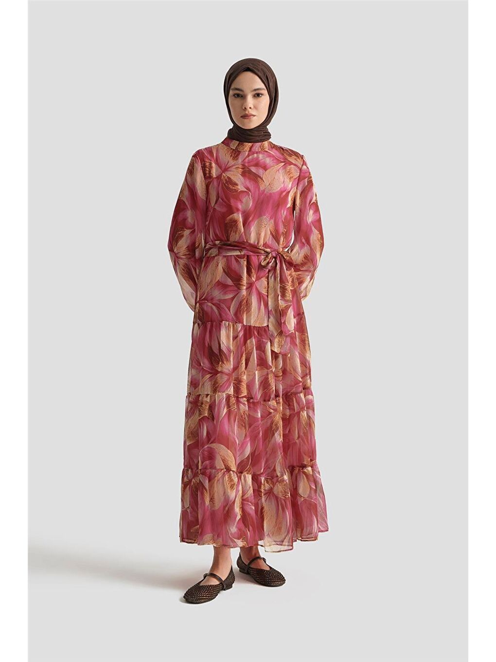 Pembe Desenli Elbise 25Yd4022 Fuşya-1