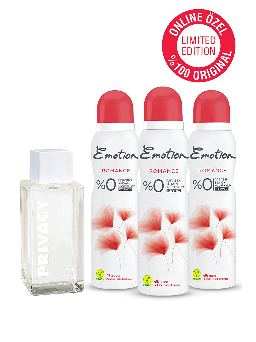 Privacy Beyaz Women Limited Edition Edt Parfüm 50 Ml  & Emotion Romance Deodorant 3x150 Ml