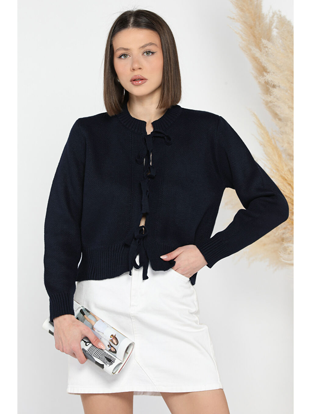 Lacivert Kadın Ön Bağlamalı Triko Ceket-1