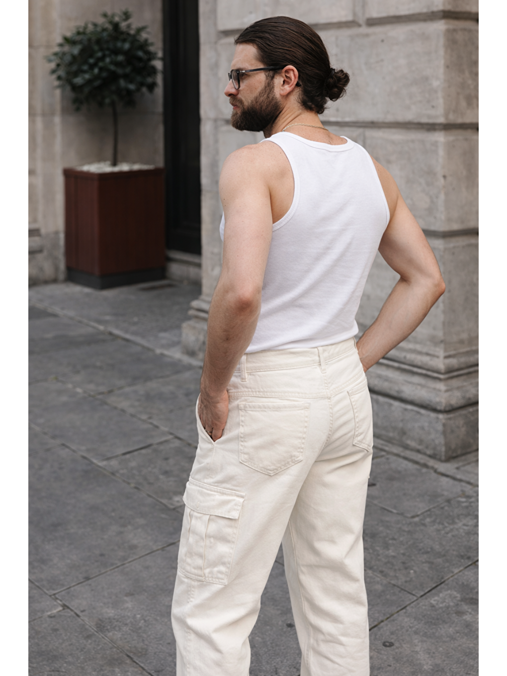 Erkek Günlük Kargo Cep Beyaz Baggy Pantolon-1