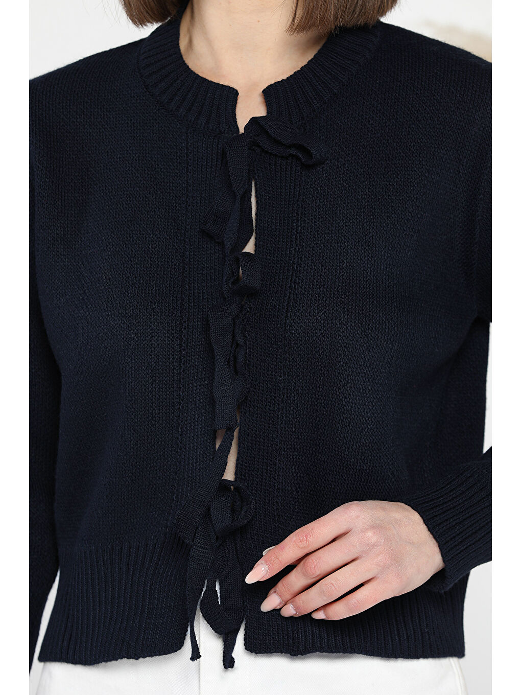 Lacivert Kadın Ön Bağlamalı Triko Ceket-2