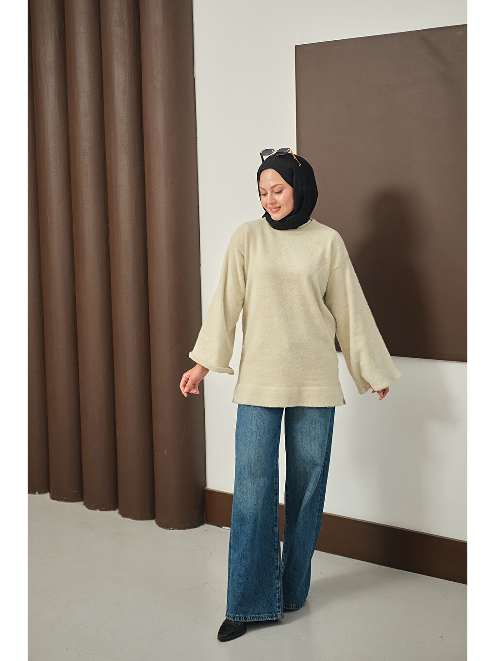 Ekru Kadın Yumoş Triko Tunik Krem-2